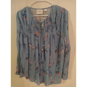 Lacey Chabert Bell-Sleeve Peasant Top Smocked Boho Floral Blue Size Small